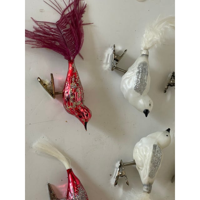 Antique German glass Christmas ornaments- 10 clip on glass birds with feathers.
