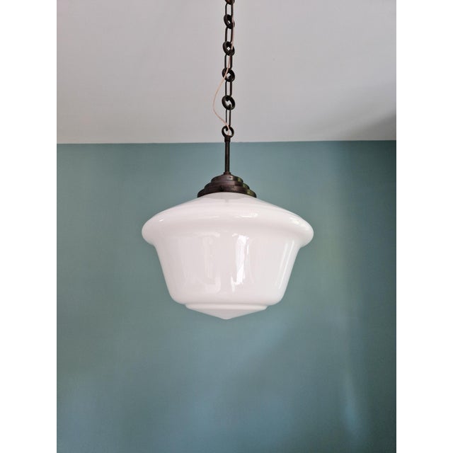 Large Art Deco Pendant Light in White Opaline Glass, 1930s For Sale - Image 12 of 13