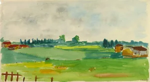 R. Boutin, Landscape Watercolor - Green Pasture With Country Homes