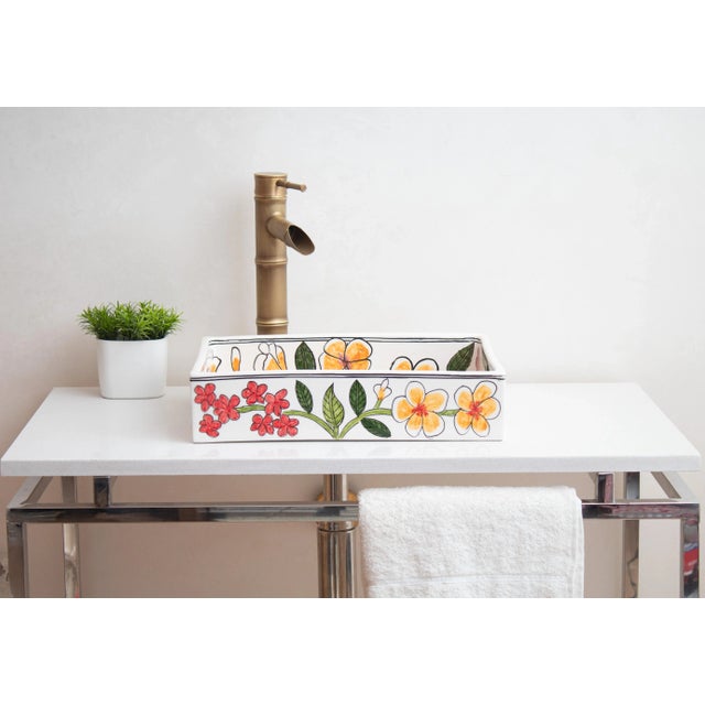 Custom Made Mini Rectangular Floral Bathroom Sink, Handmade Washbasin, Hand-Painted Vessel Sink For Sale - Image 6 of 10