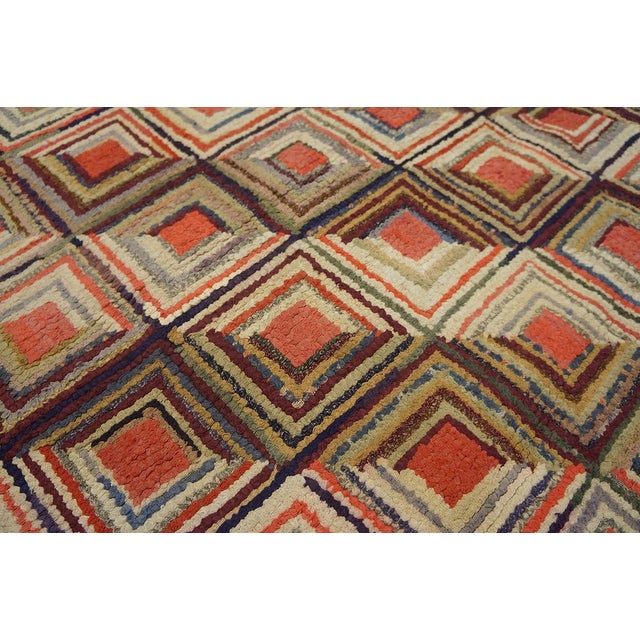 1920s Multicolor Diamond Folk Art Antique American Hooked Rug 4' X 7' Hand Knotted Wool Carpet For Sale - Image 9 of 12