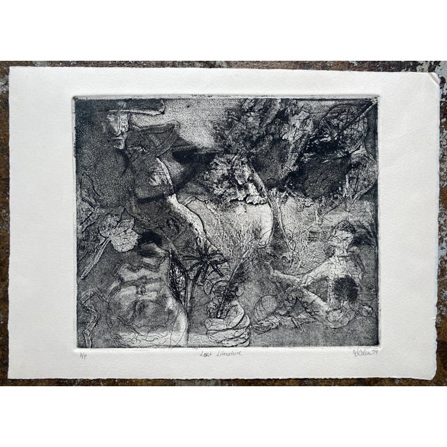 1974 etching on paper by Sue Cohen depicting abstracted menagerie of of literary characters, writers and themes. Pencil...