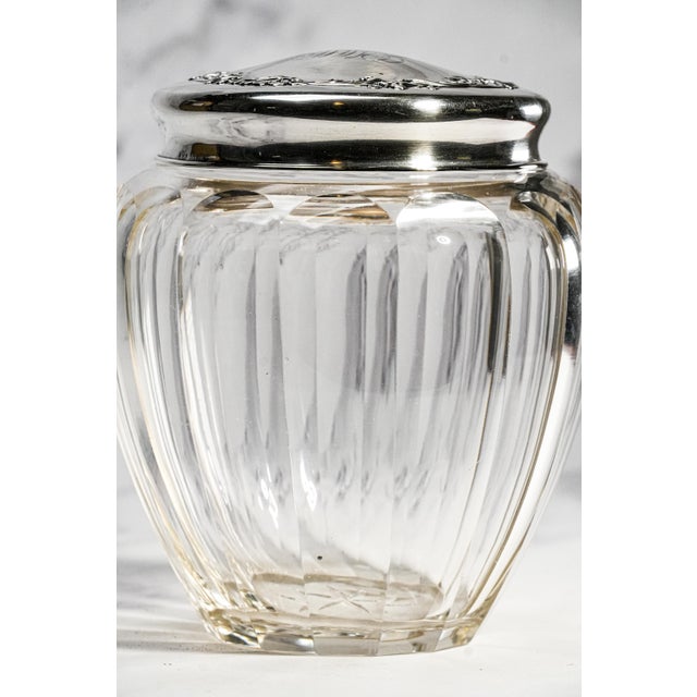 Wonderful Large Antique Sterling Silver Crystal Vanity Jar Edwardian Faceted Dresser Cut Crystal For Sale - Image 9 of 17