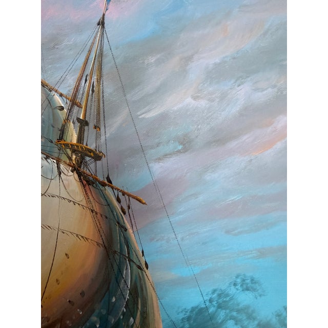 This original oil painting on canvas depicts a dramatic tall sailing ship battling powerful ocean waves under a dynamic,...