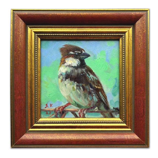 Framed Sparrow Bird Original Painting Vintage Style by Valeriya Serova For Sale - Image 11 of 15
