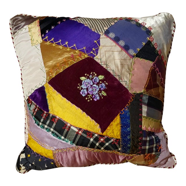 1870s Crazy Quilt Pillow 18 Inches 2 For Sale