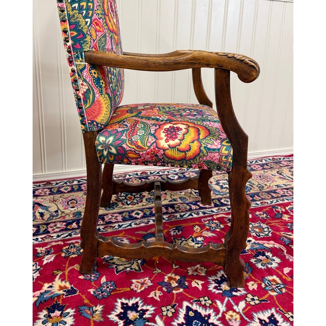 Antique Pair of Catalan Style Carved Oak Recently Upholstered Armchairs C. 1920s For Sale - Image 10 of 18