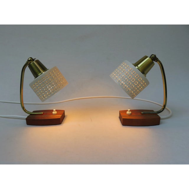 Metal Beige Brass Teak Bedside Table Lights, 1950s, Set of 2 For Sale - Image 7 of 18