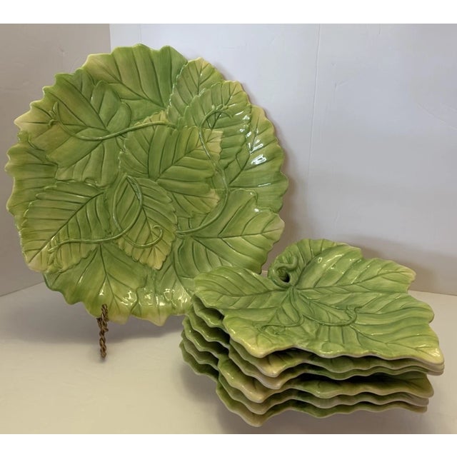 Fitz and Floyd Vintage Fitz Floyd Majolica Green Cabbage Leaf Serving Platter Plates-Set of 7 For Sale - Image 4 of 6