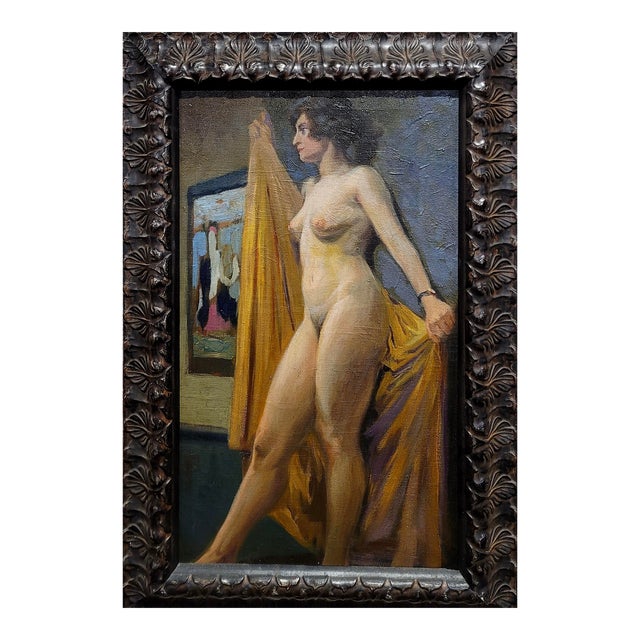 Niels Peter Nielsen- Nude Female With Towel -1930s Oil Painting For Sale