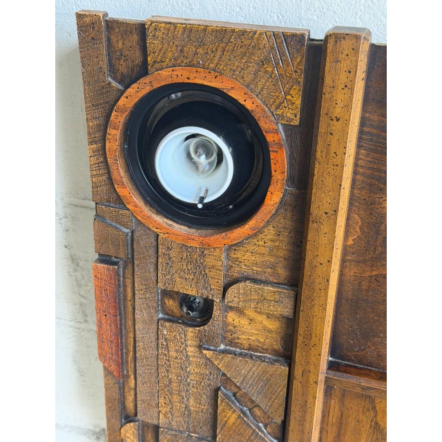 Attributed Lane Brutalist King Headboard Wood Bed Frame With Integrated Lights 1960s For Sale - Image 4 of 10