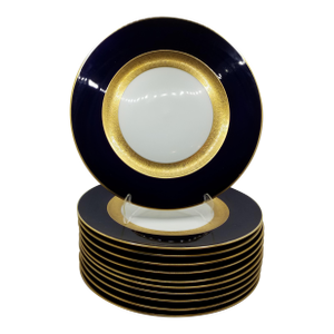 Mid 20th Century Cobalt & Gold Banded Royal Bavaria Hutschenreuther Selb Stouffer Plates- Set of 11