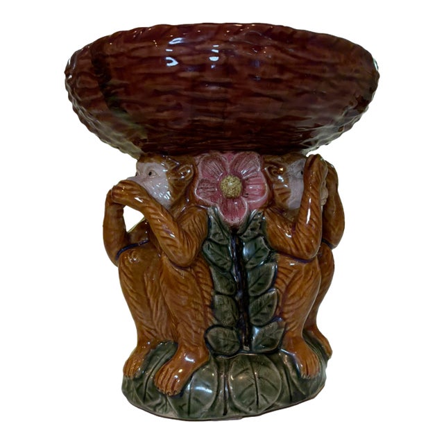 Vintage Grandmillenial Majolica Style Three Monkey Ceramic Basket Centerpiece For Sale