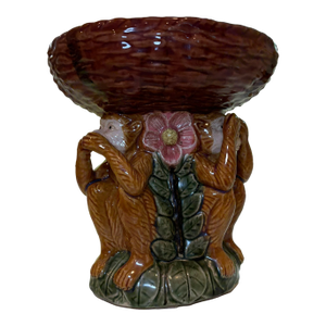 Vintage Grandmillenial Majolica Style Three Monkey Ceramic Basket Centerpiece