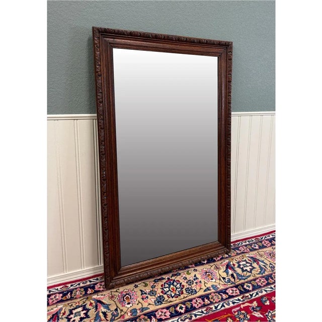Antique French Mirror Over Mantel Large Rectangular Oak Carved Beveled c.1930 For Sale - Image 9 of 17