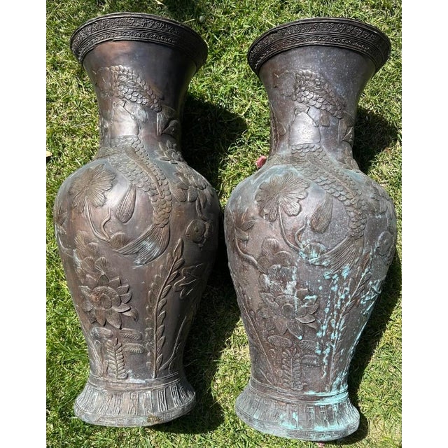 Monumental Pair Japanese Meiji Bronze Floor Vases Koi Fish, Lotus Flowers & Lily Pads... For Sale - Image 16 of 18
