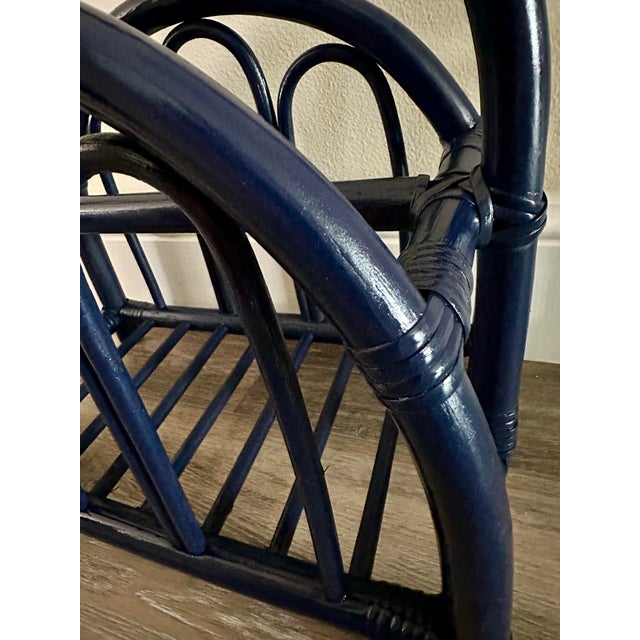 Wood Vintage 1970s Navy Blue Bent Bamboo Magazine Rack For Sale - Image 7 of 12