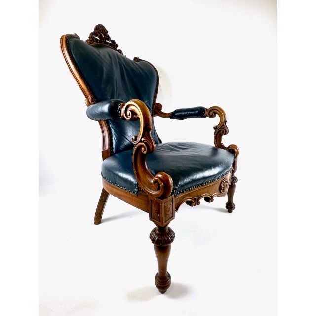Antique French Armchair in Walnut and Blue Leather, 1890s For Sale - Image 4 of 18