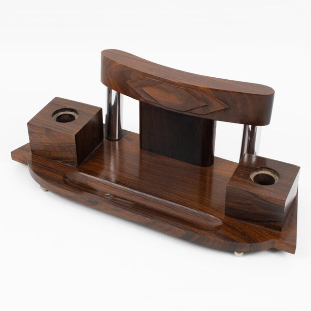 Art Deco Art Deco Desk Accessory, Macassar Wood and Metal Inkwell and Blotter For Sale - Image 3 of 15