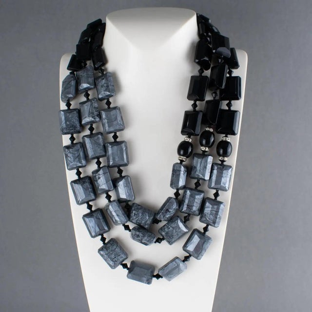 Angela Caputi Angela Caputi Multi-Strand Resin Choker Necklace Black and Pearlized Gray For Sale - Image 4 of 12
