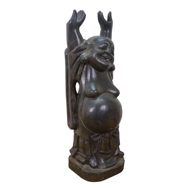 Japanese Vintage Japanese Hotei Laughing Buddha Carved Wood Statue Sculpture 18" For Sale - Image 3 of 12
