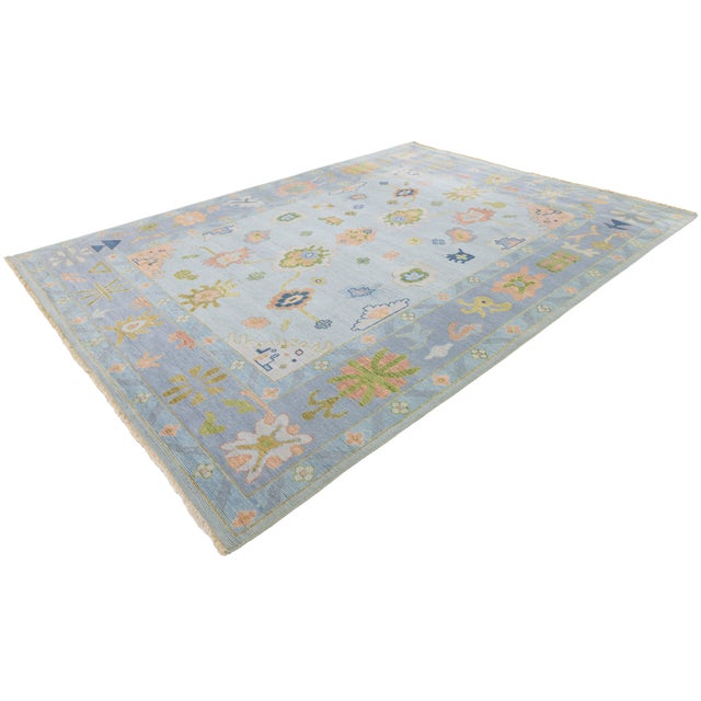 Modern Oushak Style Hand-Knotted Wool Rug in Ice Blue, Blush & Sage For Sale - Image 12 of 12