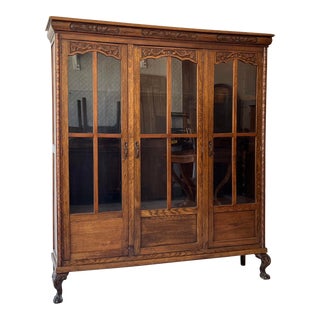 Antique Carved English Oak Bookcase For Sale