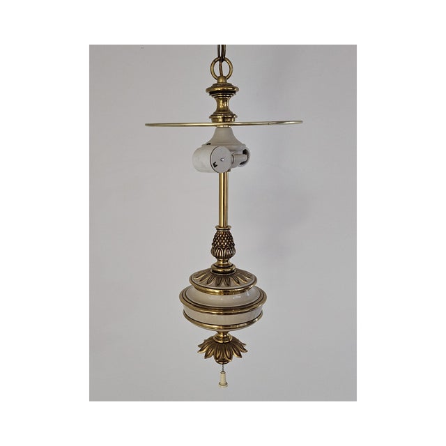 MidCentury Neoclassical Stiffel Brass Hanging Lamp With Silk Shade