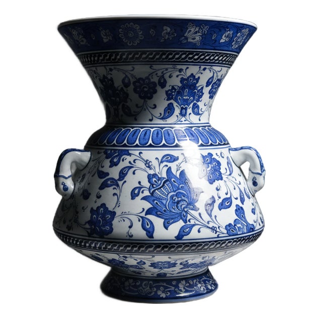 Handmade Ceramic “Kandil” Vase (30cm) Rare 3-Handled Design Blue & White Floral Centerpiece For Sale