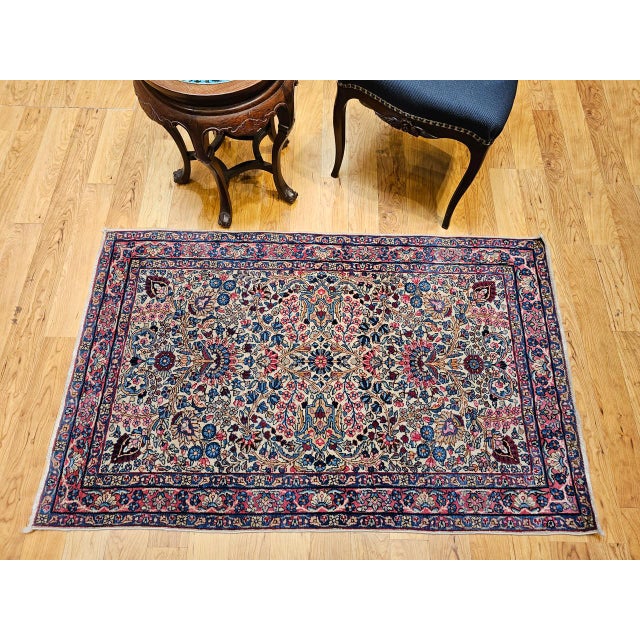 Vintage Persian Kerman Lavar Rug, Hand-Knotted Wool, Floral Pattern, Ivory & Blue, 3x5 For Sale - Image 11 of 12