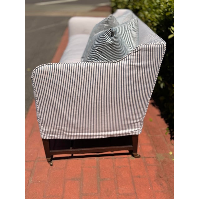 Blue Vintage Elegant Sofa With High Back, Striped Ticking Slipcover For Sale - Image 8 of 8