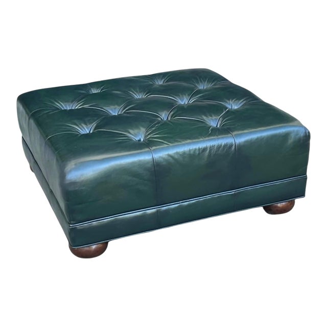 Vintage Deep Green Tufted Leather Ottoman For Sale