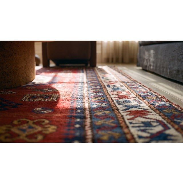 Striking Jewel-Toned Lori Pambak Kazak Rug on Red Background Color With Medallion Pattern For Sale - Image 12 of 12