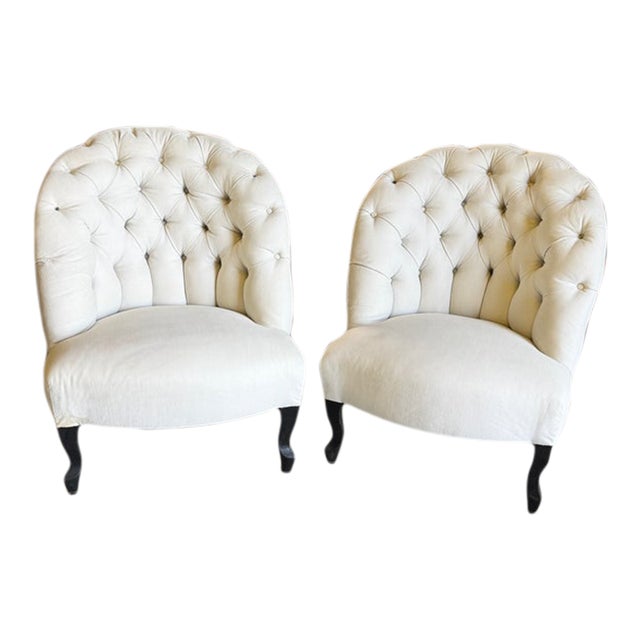 Title: Antique 19th Century French Napoleon III Chairs in White Brushed Cotton - A Pair For Sale