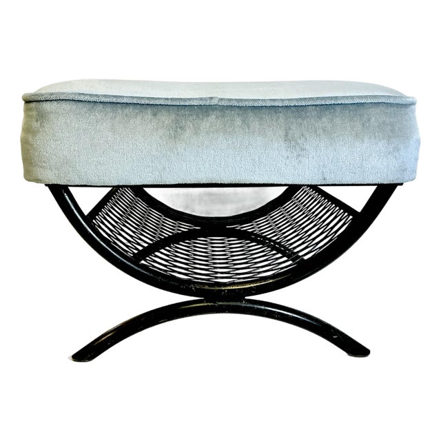 1960s Vintage Mid-Century Boho Chic Atomic Metal Footstool With Sky Blue Velvet Cushion For Sale
