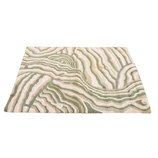 Mid-Century Modern 3'x4' Vintage Hand-Hooked Rug – Geometric Mid-Century Design in Soft Greens & Cream – Artisan-Made Cotton Loop Pile For Sale - Image 3 of 9