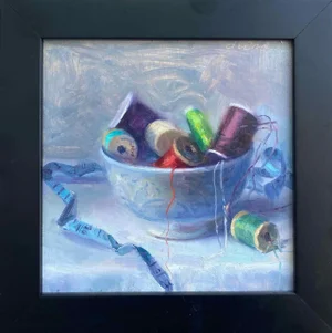 "A Bowl of Color""Spooled Color" - Contemporary Impressionist Still Life Painting by Debra Lind, Framed