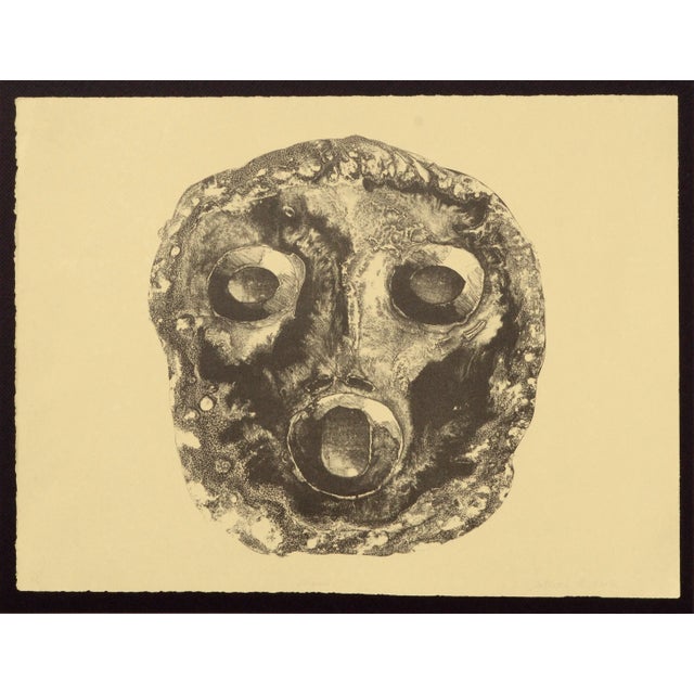 Bold lithograph of an abstracted mask by Patricia A. Pearce (American, b. 1948). Numbered, titled, and signed ("5/9 Mask...
