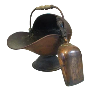 Large Antique Victorian Helmet Coal Scuttle and Scoop English Copper - Set of 2