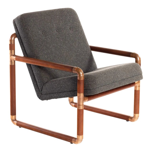 Unique Industrial Brass and Walnut Lounge Chair with Gray Tweed Upholstery, USA, circa 1970's For Sale