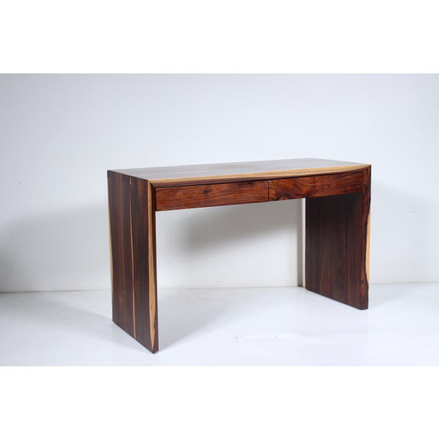 Parsons style two drawer Studio created Cocobolo Wood Desk, Circa 1980's. Featuring a handmade 1.5"D rectangular wood form...