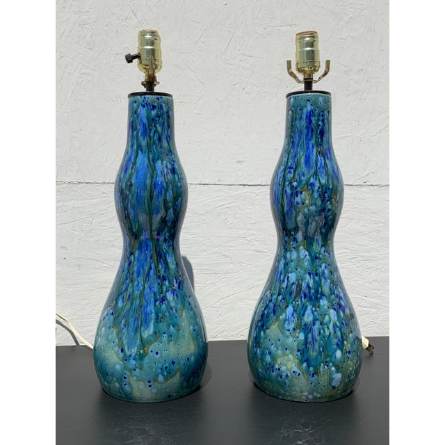 Mid-Century Modern 1960s Mid Century Blue Ceramic Lamps- A Pair For Sale - Image 3 of 8