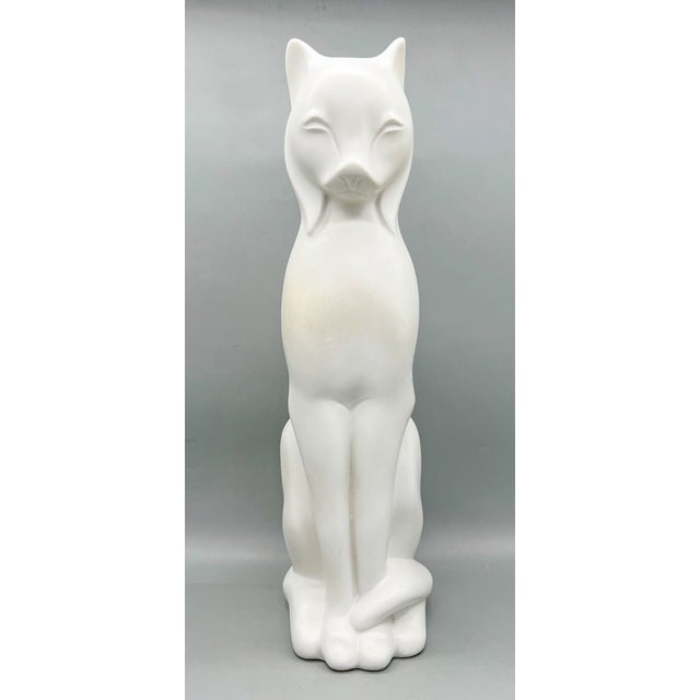 Mid-Century Modern 18" Art Deco Style White Bisque Ceramic Cat – Monumental Figurine For Sale - Image 3 of 12