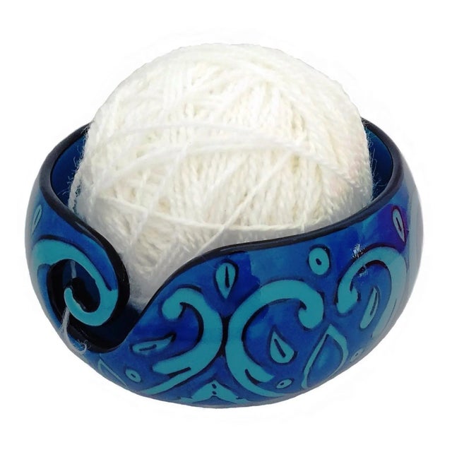 Boho Chic Boho Chic Handcrafted Deep Water Blue Ceramic Yarn Bowl For Sale - Image 3 of 5