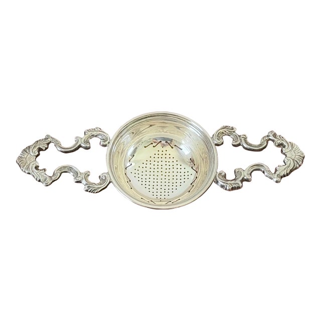 Vintage Silverplate Tea Strainer With Ornate Handles, Victorian Style Double-Handled Strainer For Sale