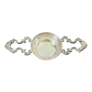 Vintage Silverplate Tea Strainer With Ornate Handles, Victorian Style Double-Handled Strainer