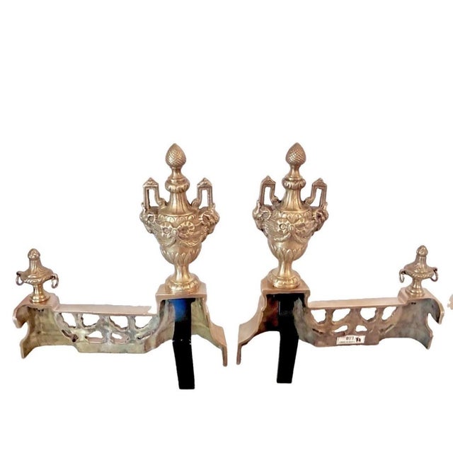 1990s Vintage Castillan Louis XVI French Style Cast Brass Fireplace Andirons Chenets ~ a Pair For Sale - Image 5 of 7