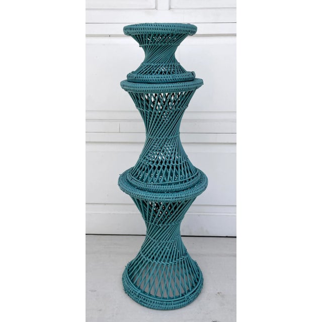 Wood 1970s Set of 3 Wicker Rattan Cane Woven Teal Blue Pedestal Stools For Sale - Image 7 of 10