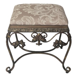 Vintage Bronze Scrollwork Vanity Bench With Cream Jacquard Upholstery For Sale