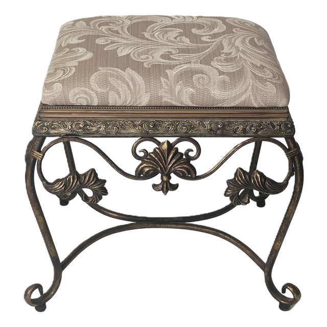 Vintage Bronze Scrollwork Vanity Bench With Cream Jacquard Upholstery For Sale